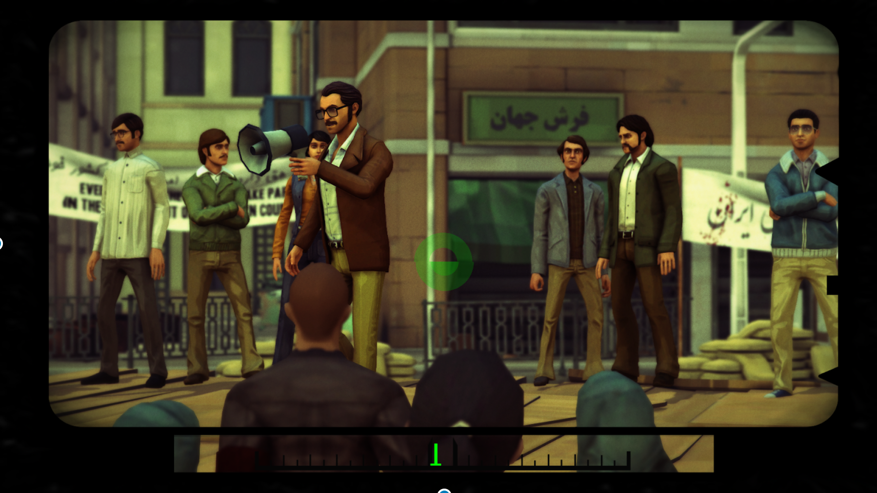 Screenshot from the video game 1979 Revolution: Black Friday, seen through a camera viewfinder — a man with a megaphone addresses a street crowd in 1970s Tehran.