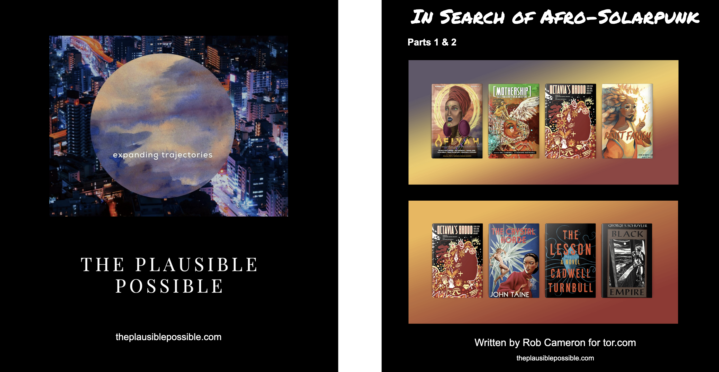 front and back of zine, black, covers of books, a planet with expanding trajectories.