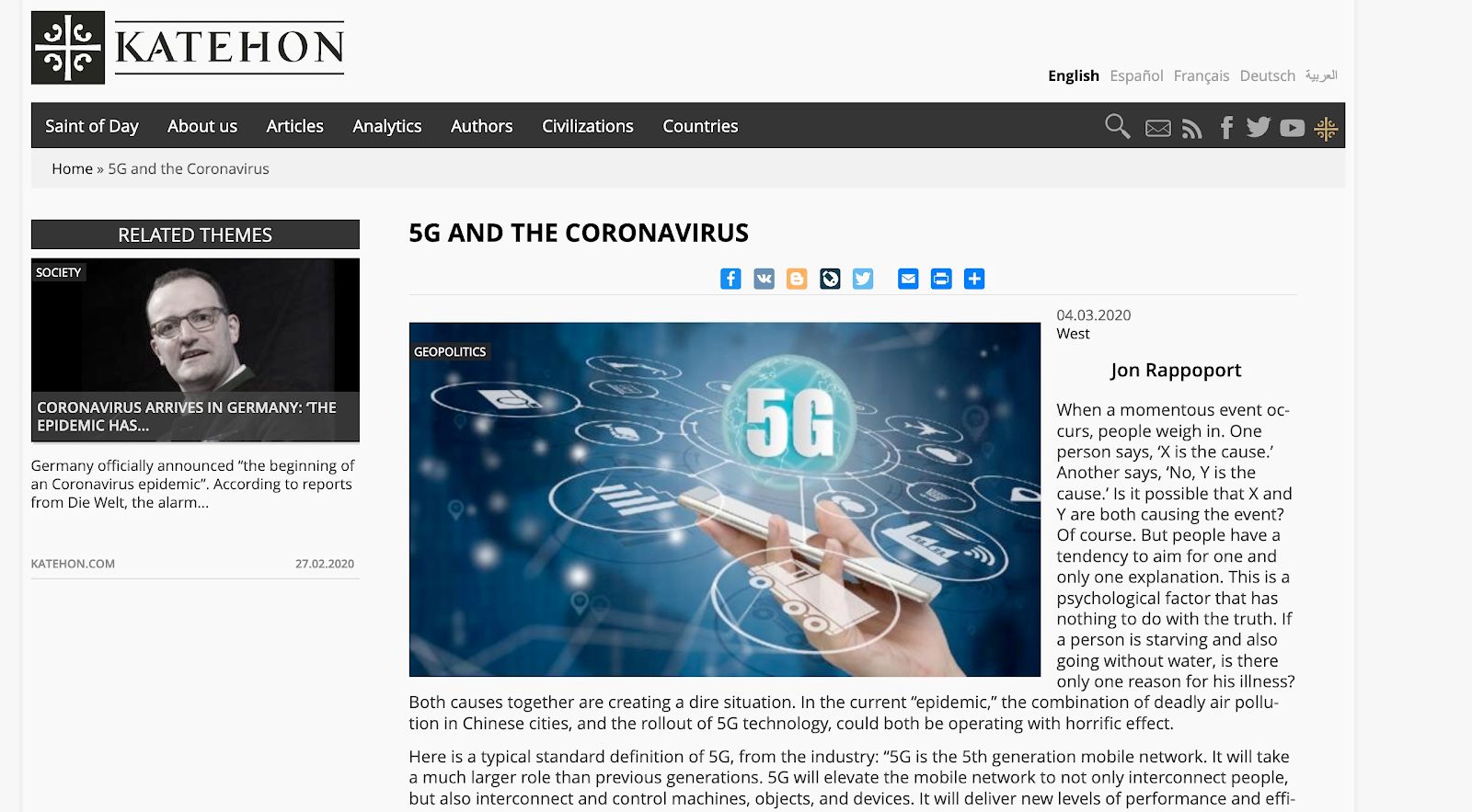 Screenshot of the Katehon website showing an article headed "5G AND THE CORONAVIRUS". The report captions this at the top of p36.