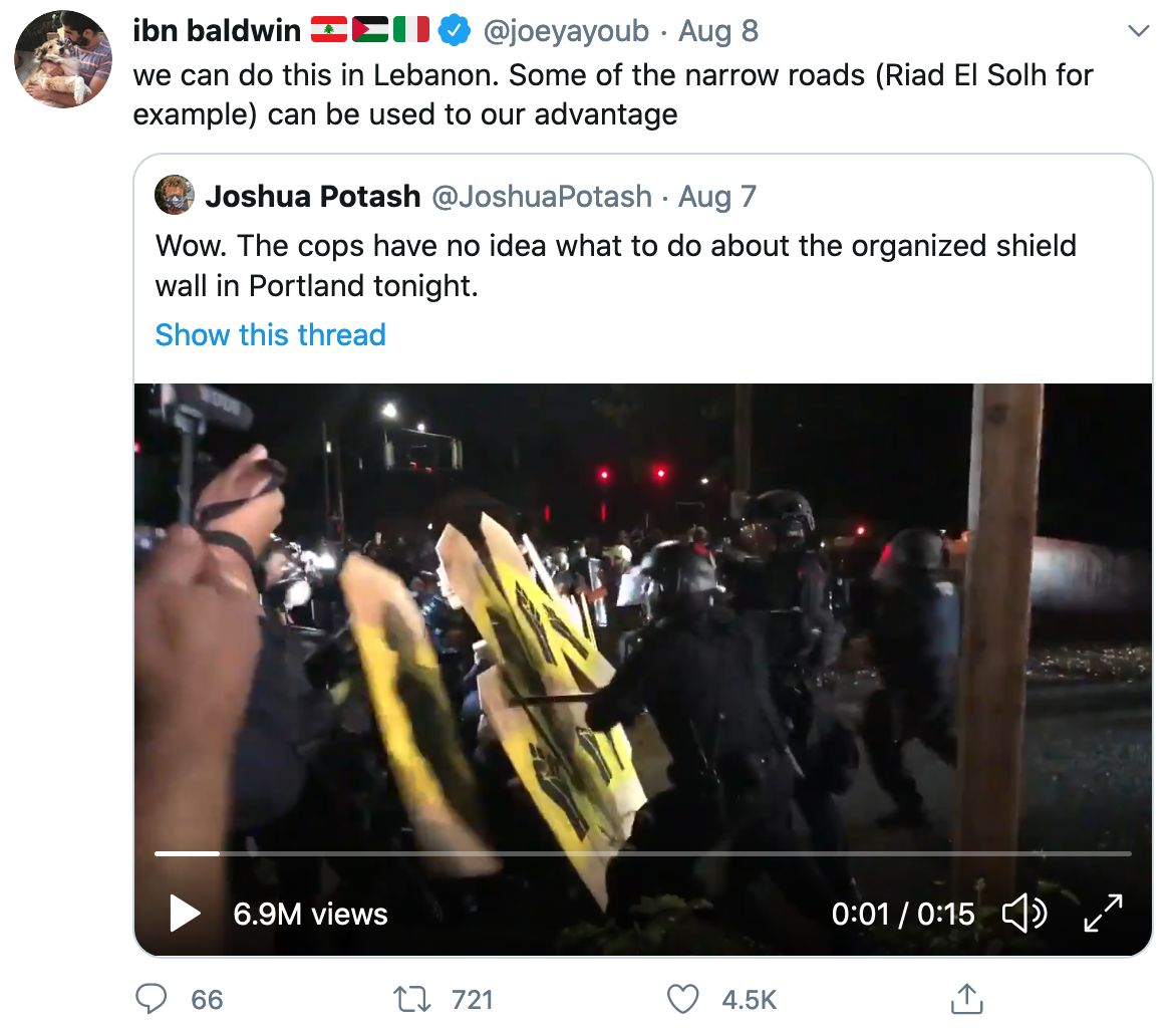 Screenshot of tweets about protest tactics shared between Portland and Lebanon.